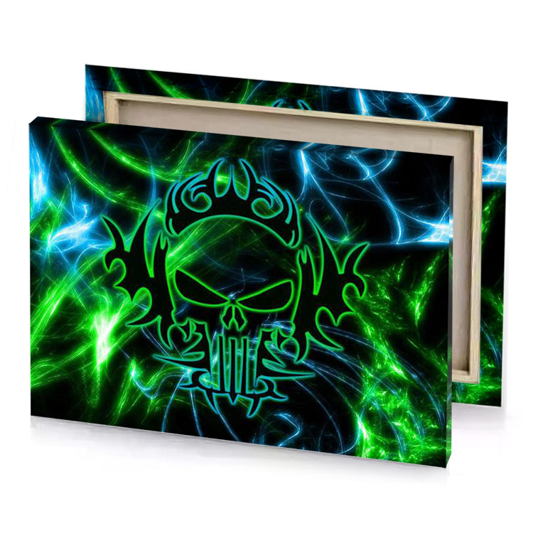 a green and blue skull with flames in the background forest canvas