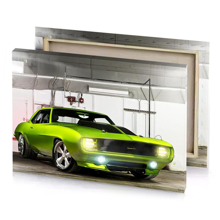 a green car parked in parking garage yellow canvas