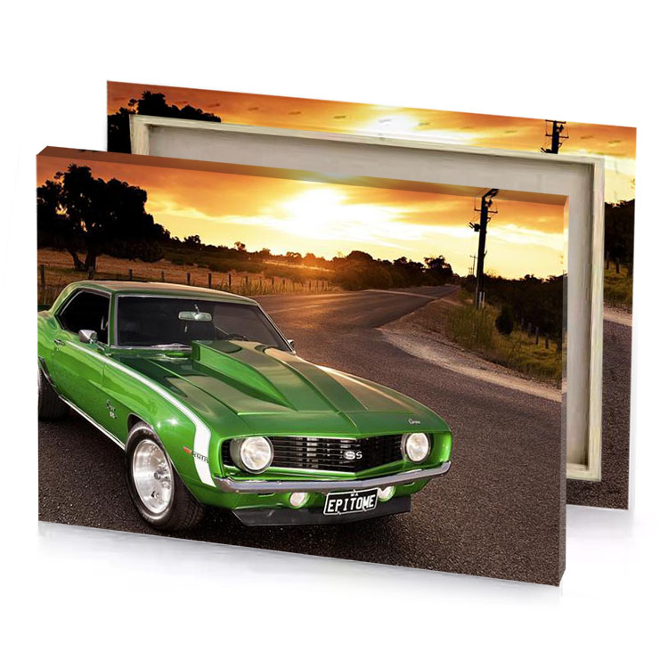 a green car parked on the side of road fern canvas