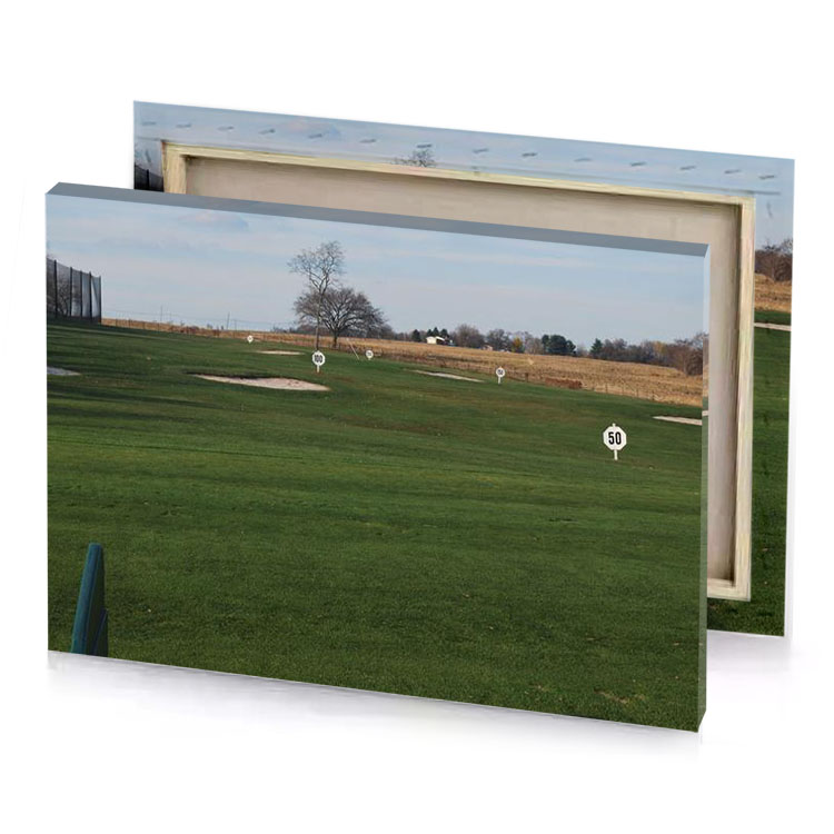 a green field with few white signs dark olive canvas