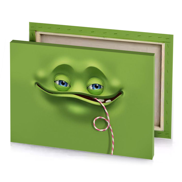 a green frog with candy in its mouth dark olive canvas