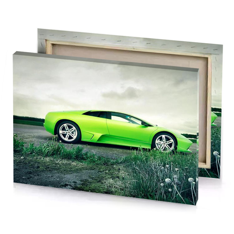 a green lamb car parked in field yellow canvas