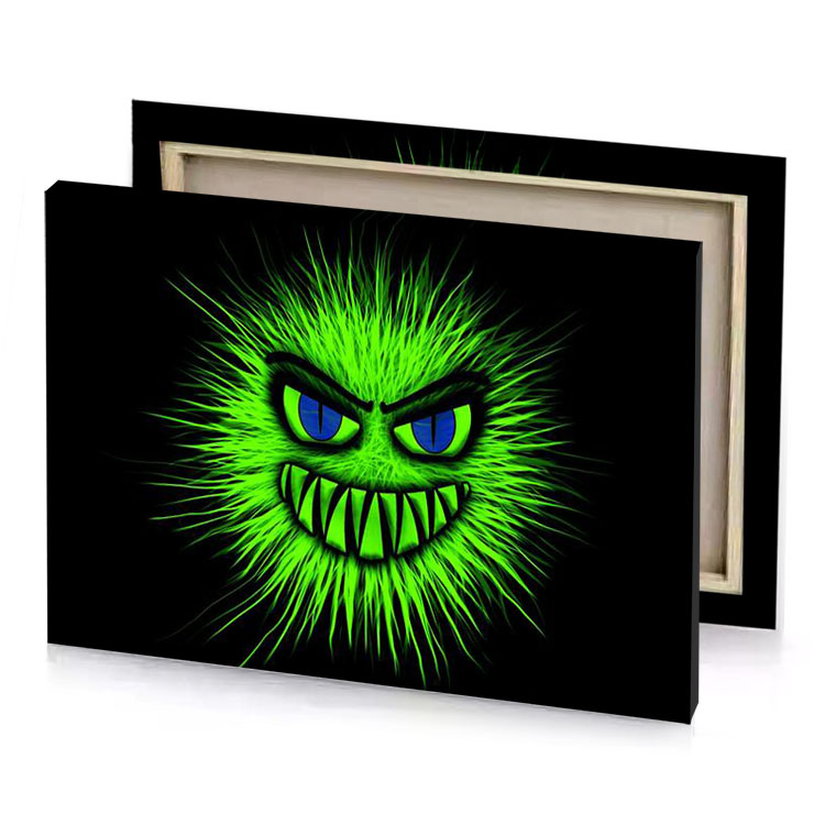 a green monster face with blue eyes kelly canvas