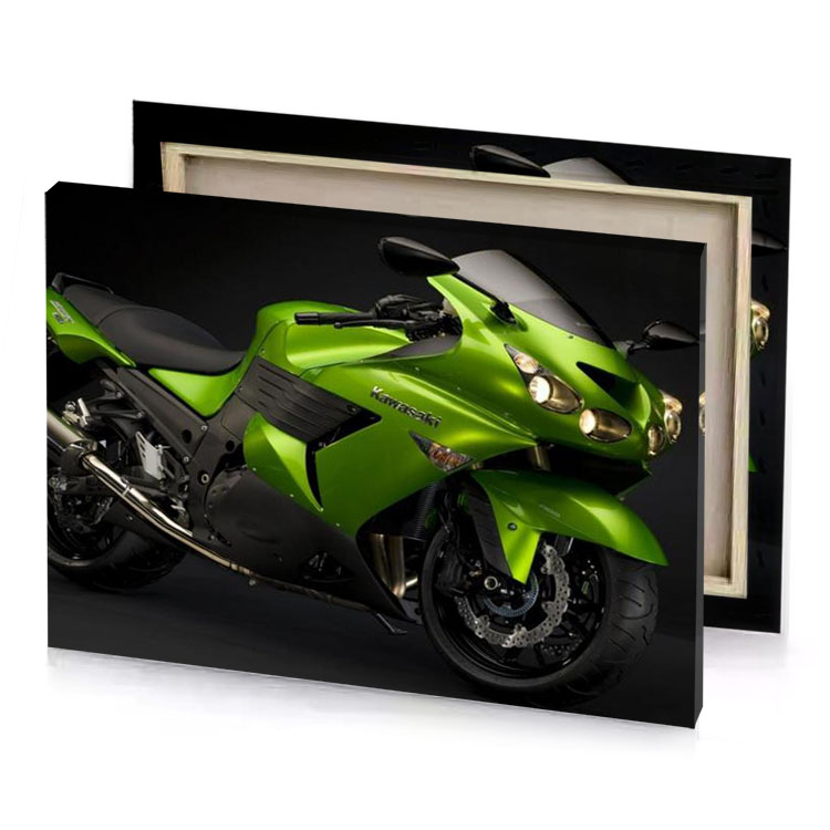 a green motorcycle is parked in dark room olive drab canvas