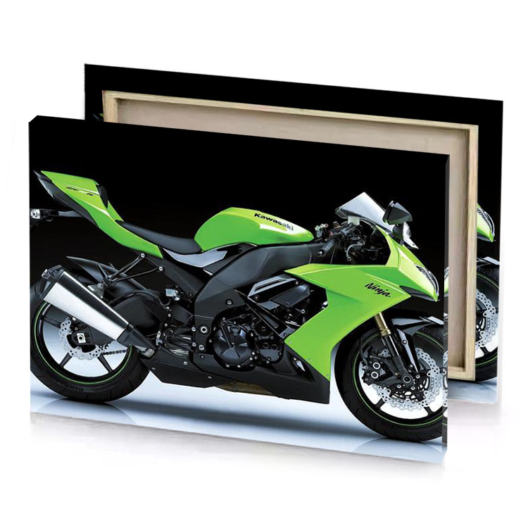 a green motorcycle is parked in dark room yellow canvas