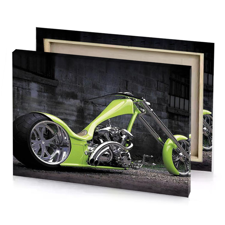 a green motorcycle parked in front of building pale golden rod canvas