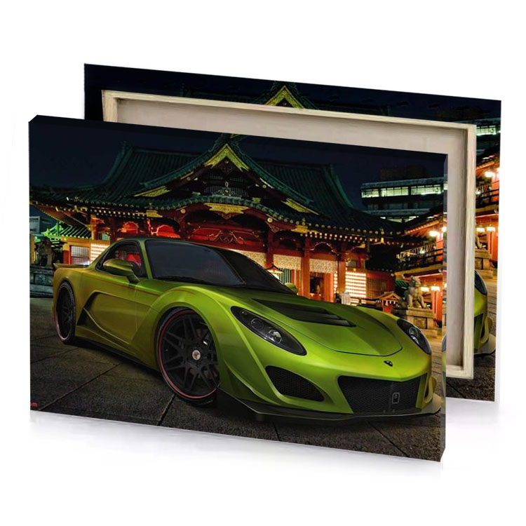 a green sports car parked in front of building olive drab canvas