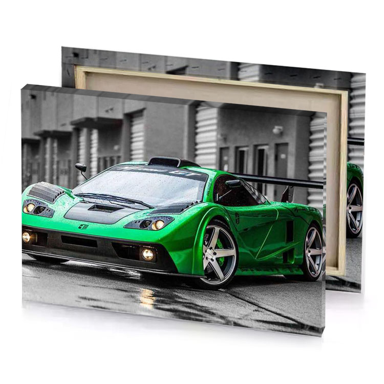a green sports car parked in the rain dark canvas