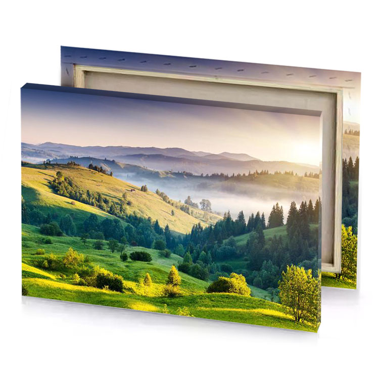 a green valley with trees and mountains in the background burlywood canvas