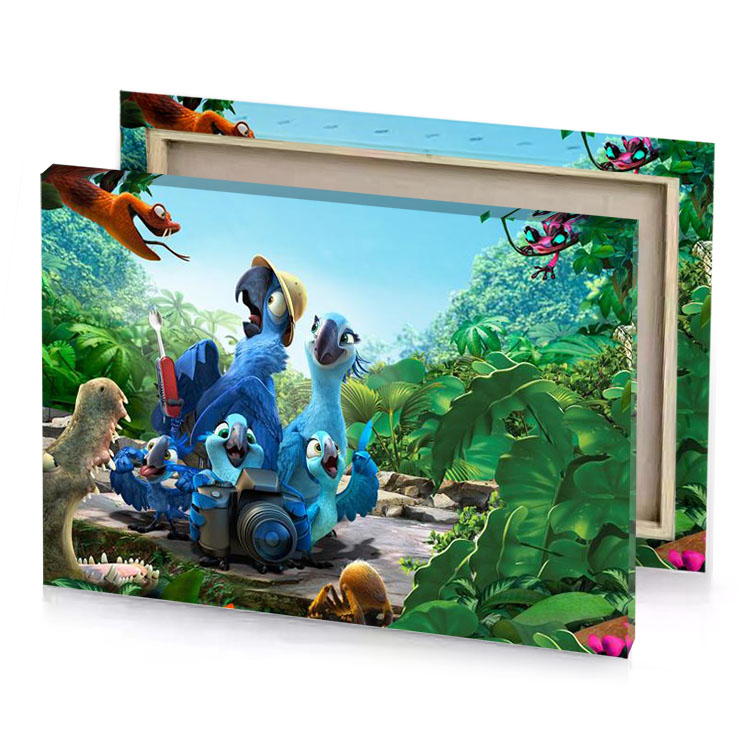 a group of birds and dinosaurs in jungle blue sapphire canvas