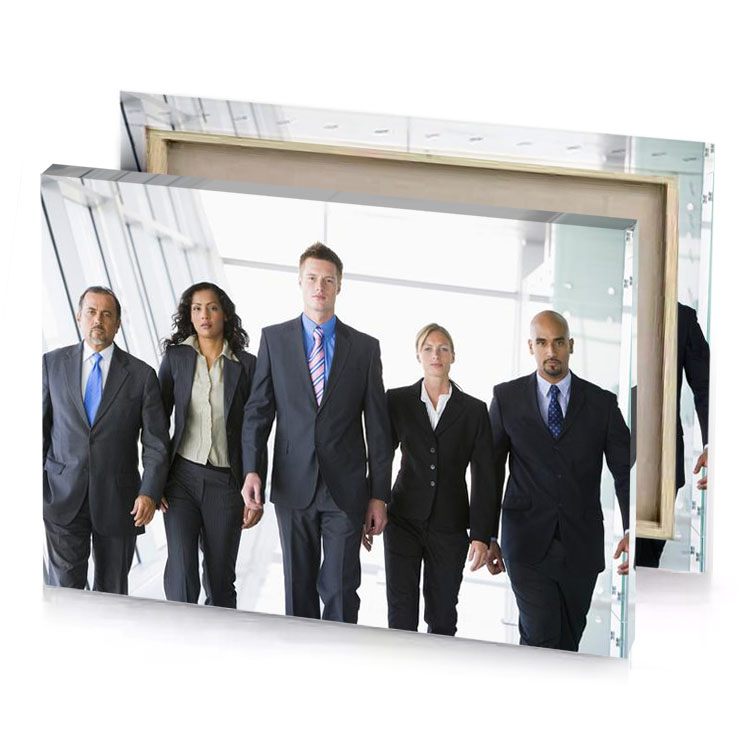 a group of business people walking down hallway white smoke canvas