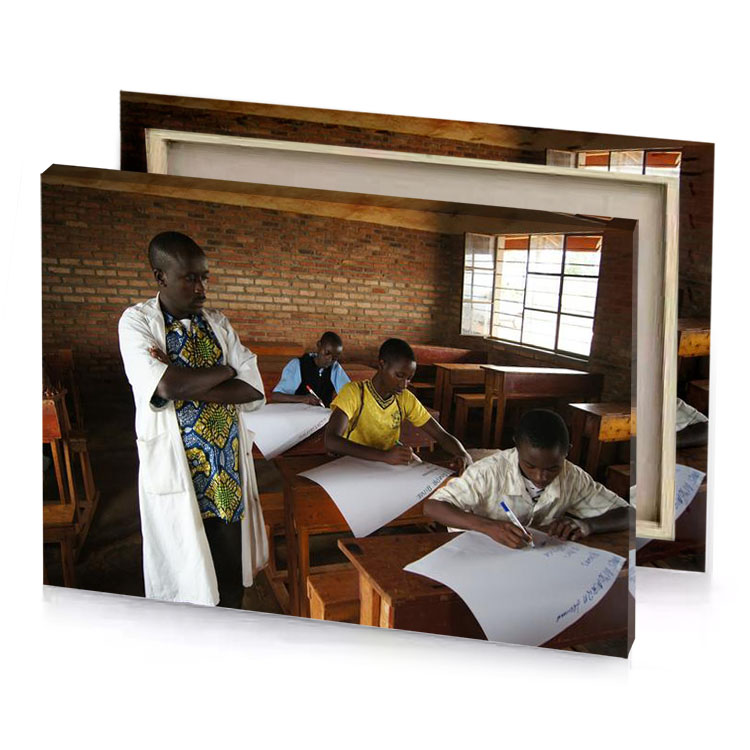 a group of children sitting at desks writing smoky black canvas