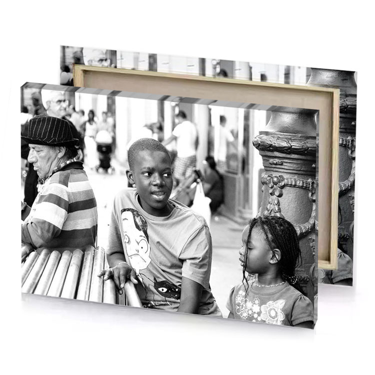 a group of children sitting on bench white smoke canvas