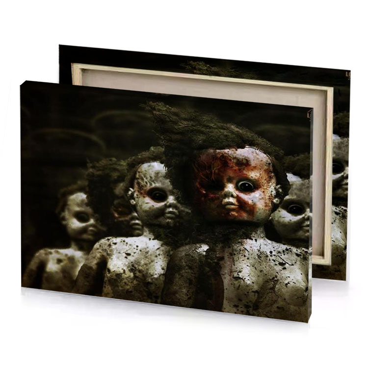 a group of dolls with bloody face dark olive green canvas