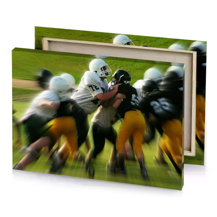 a group of football players running through field saddle brown canvas