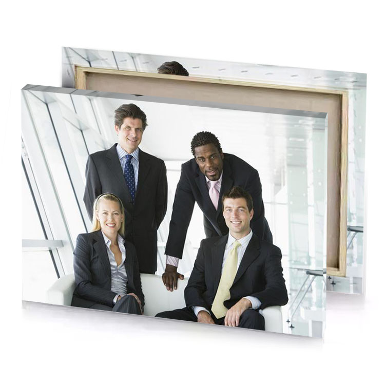 a group of four business people sitting in row white smoke canvas