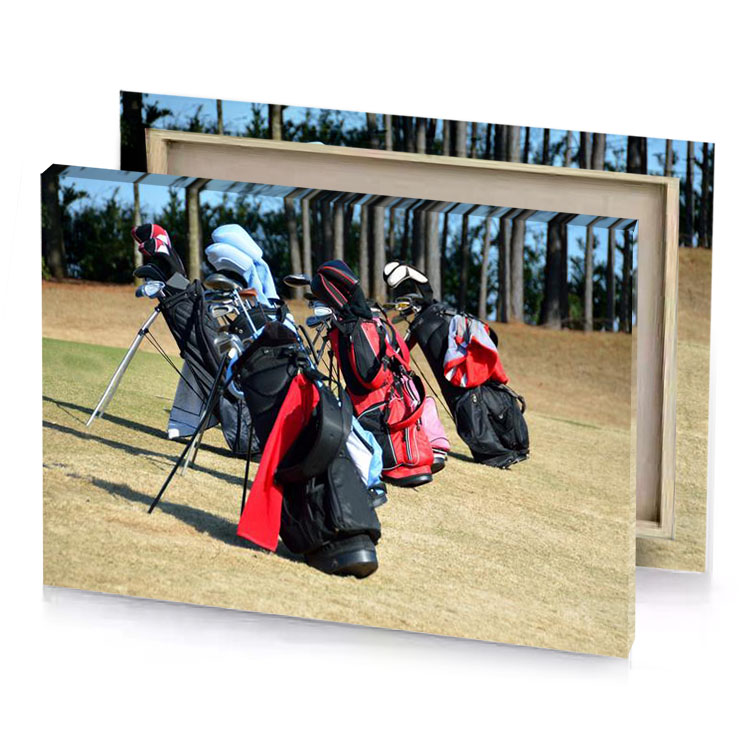 a group of golf bags and clubs on field vermilion canvas