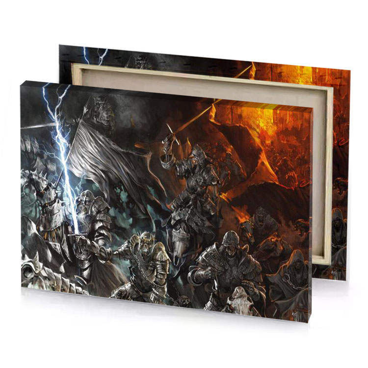 a group of knights in dark stormy landscape bistre canvas