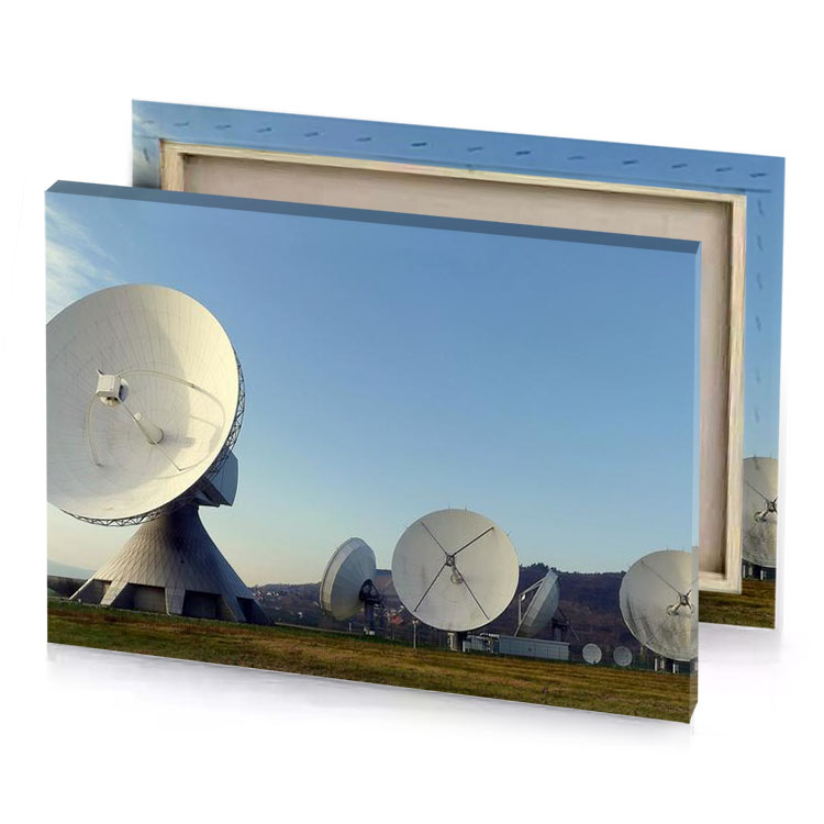 a group of large white satellite dishes sitting on field moonstone blue canvas