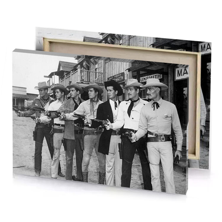 a group of men in cowboy attire standing line silver canvas