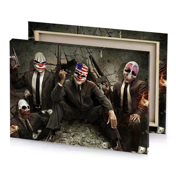a group of men in suits and masks holding guns dark olive green canvas