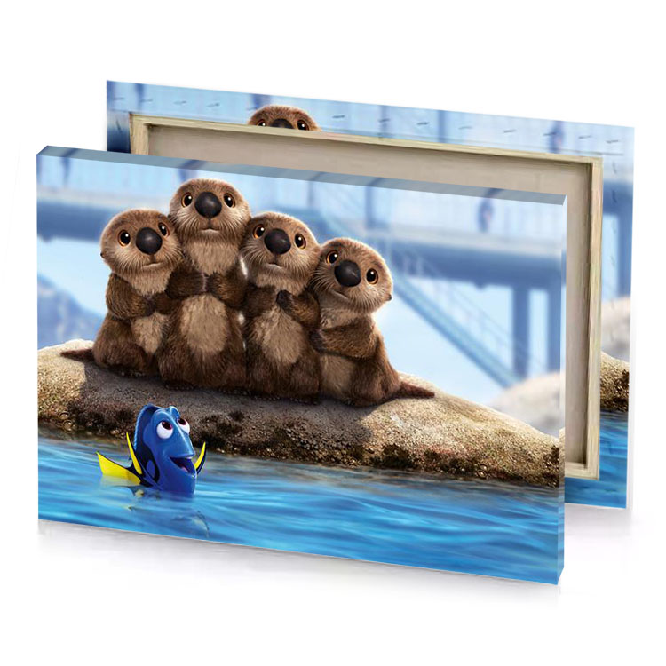 a group of otters sitting on rock in the water bistre canvas