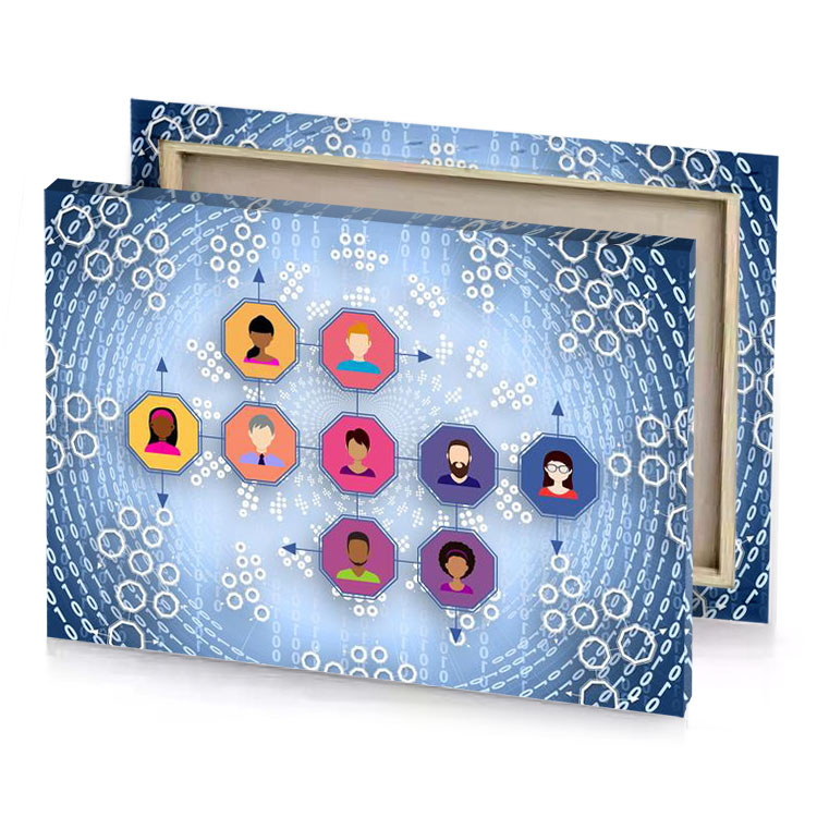 a group of people are connected by network circles light steel blue canvas