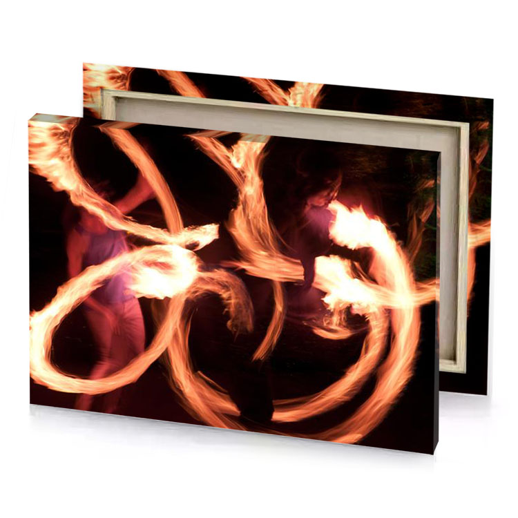 a group of people are dancing around fire bistre canvas