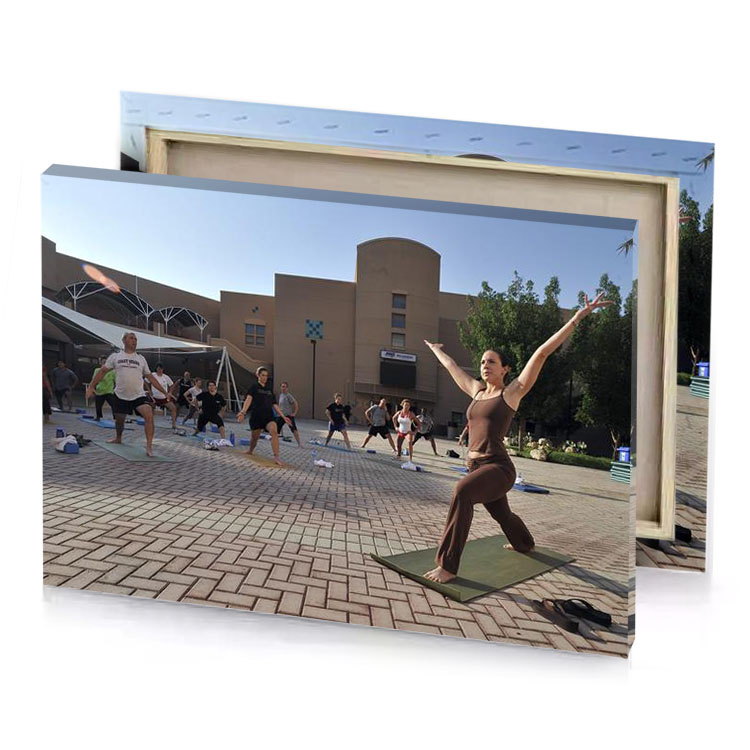 a group of people doing yoga outside on brick patio dim gray canvas