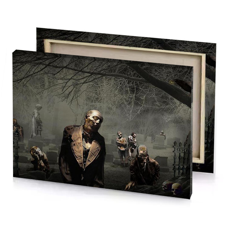 a group of people dressed as zombies in graveyard dim gray canvas