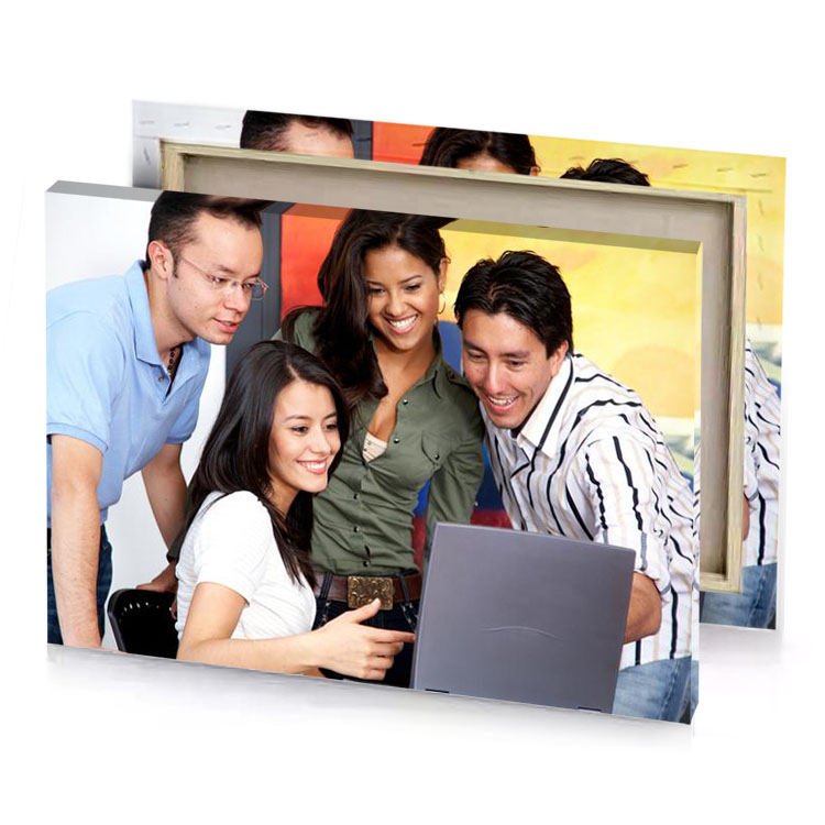 a group of people looking at laptop white smoke canvas