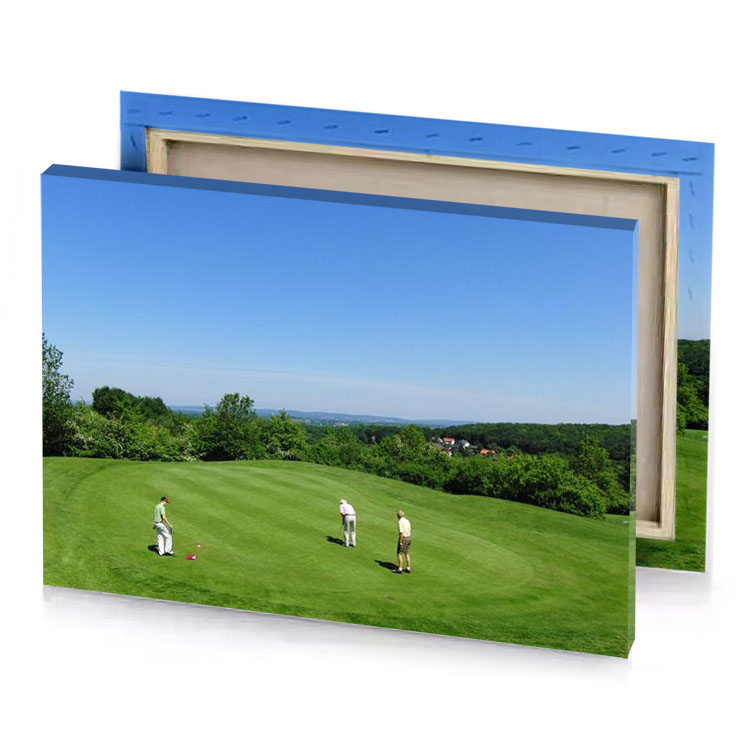 a group of people playing golf on green field light steel blue canvas