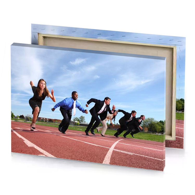 a group of people running on track light blue canvas