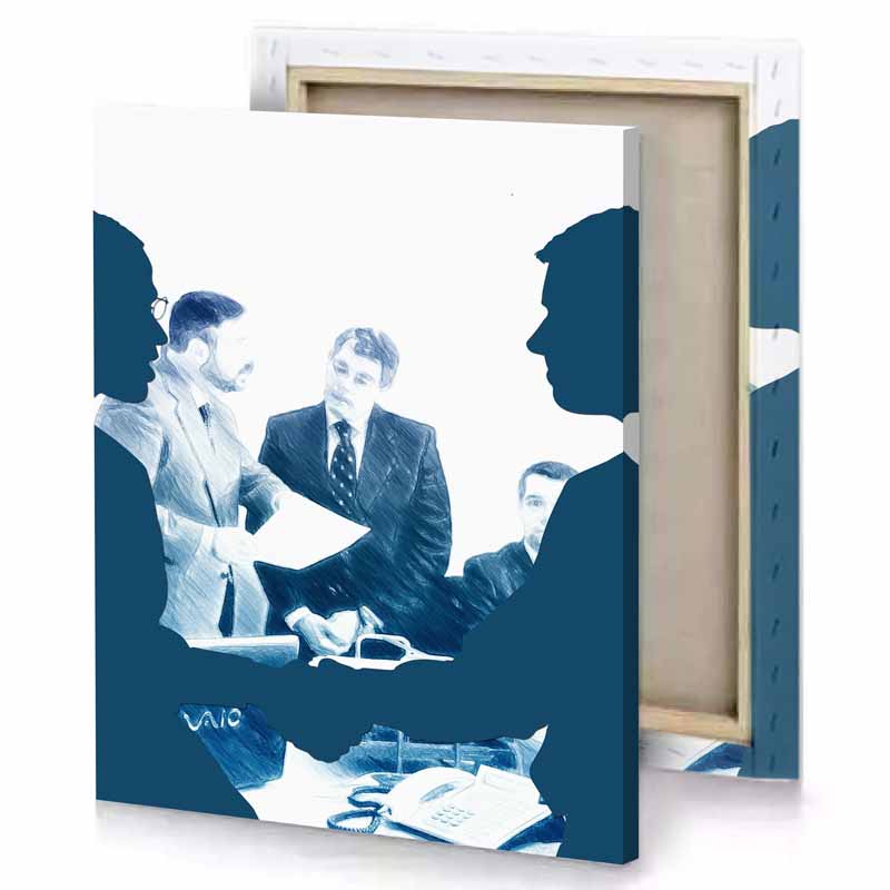 a group of people sitting around table teal blue canvas