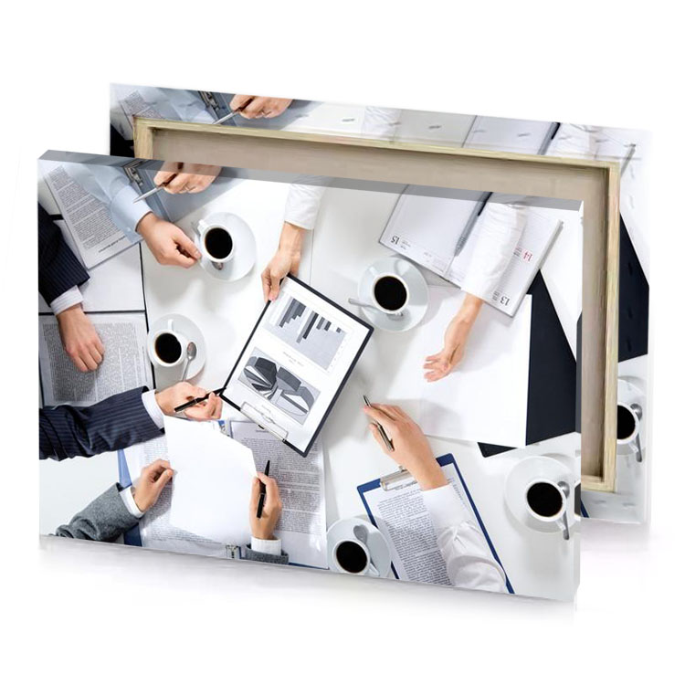 a group of people sitting around table with papers and white smoke canvas