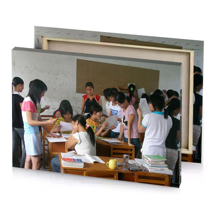 a group of people standing around classroom manatee canvas