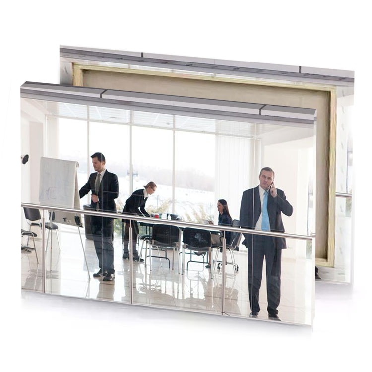 a group of people standing around glass table bistre canvas