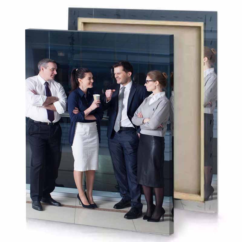 a group of people standing around glass wall charcoal canvas