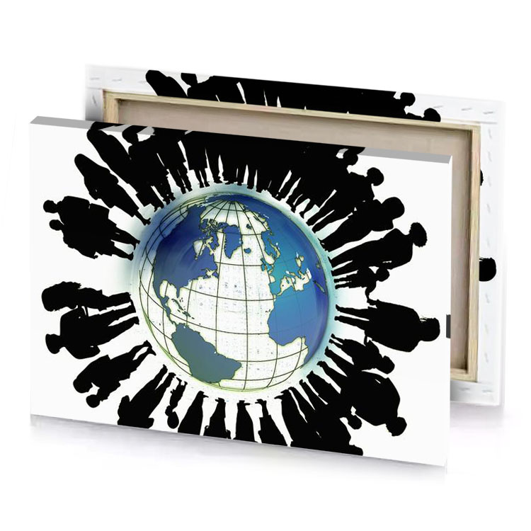 a group of people standing around globe steel blue canvas