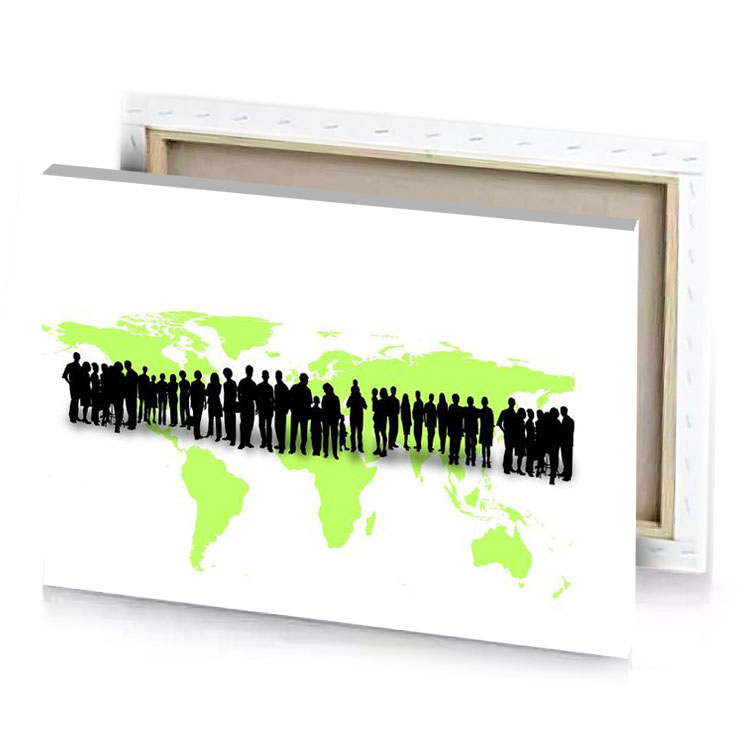 a group of people standing around the world map green yellow canvas