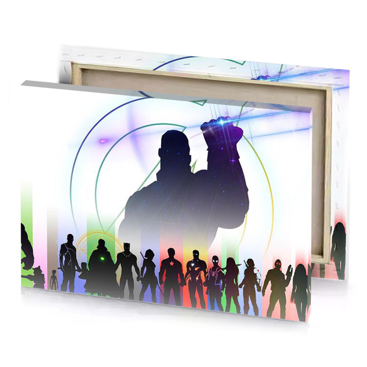 a group of people standing in front colorful background dim gray canvas
