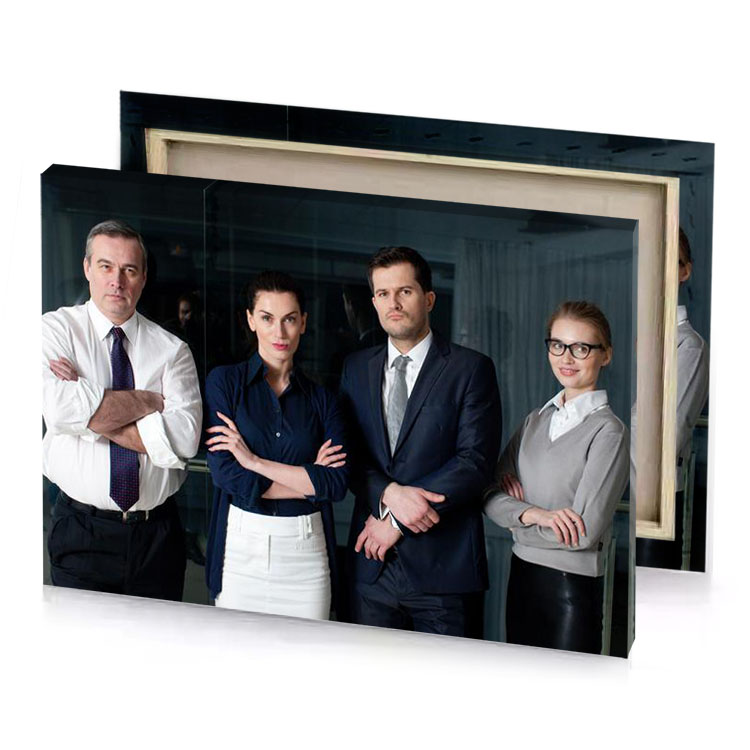 a group of people standing in room smoky black canvas