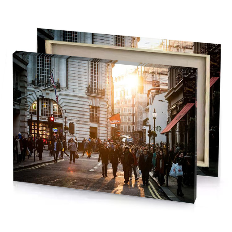 a group of people walking down street rosy brown canvas