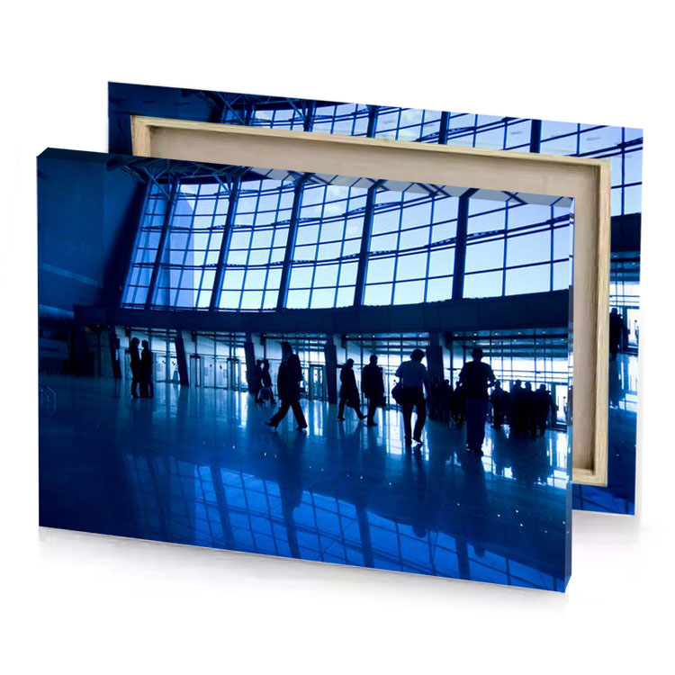 a group of people walking through large building dark cornflower blue canvas