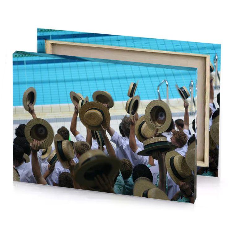 a group of people wearing hats in pool bistre canvas
