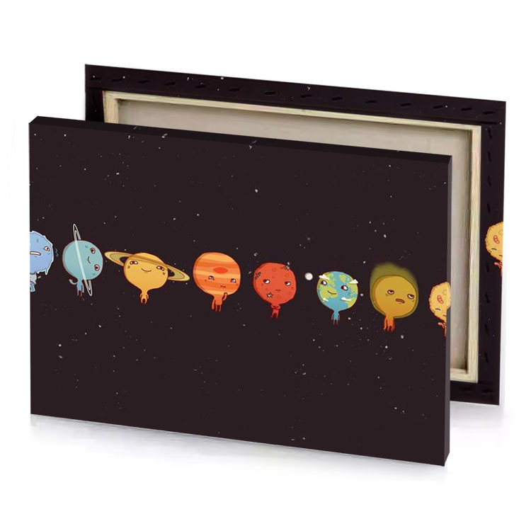 a group of planets with faces and eyes coral canvas