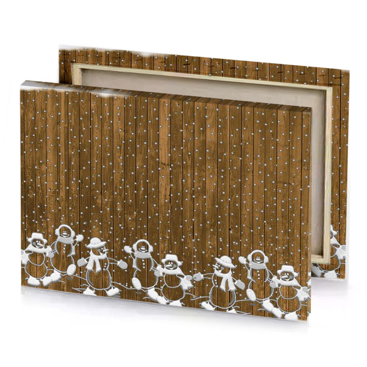 a group of snowmen standing in front wooden fence sepia canvas