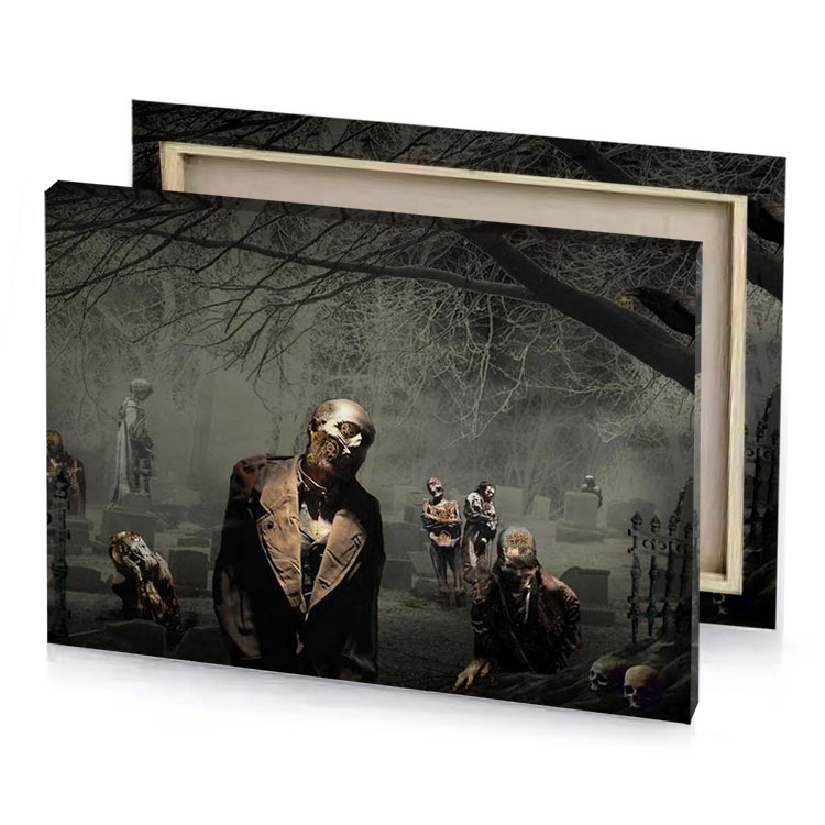 a group of zombies walking through graveyard dim gray canvas