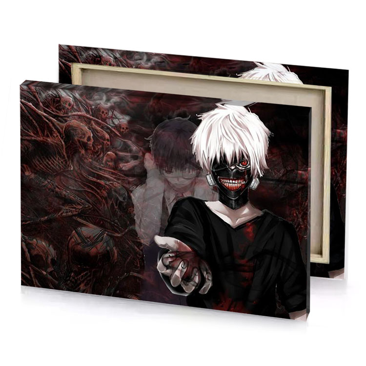 a guy with white hair and red eyes holding knife dim gray canvas