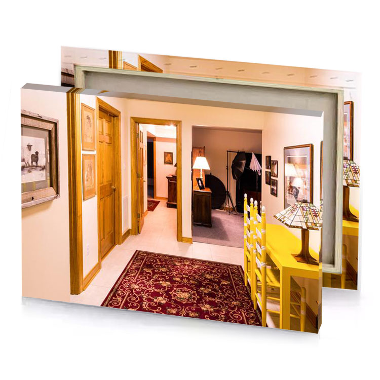 a hallway with rug and picture hanging on the wall dark golden rod canvas